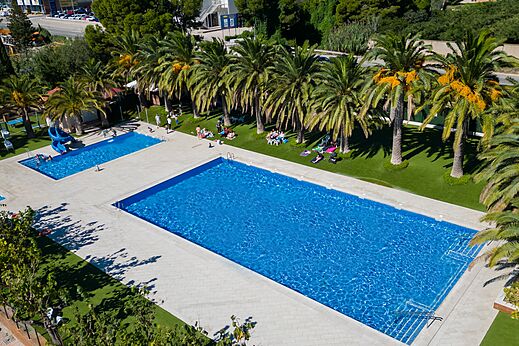 Piscinas exteriores, tobogán acuático y palmeras en camping CAPFUN Mirmanda (43).
