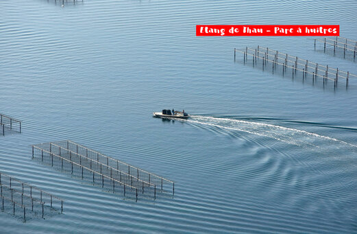 Estanque de Thau y parque de ostras con barco, cerca de S�te en Occitania.