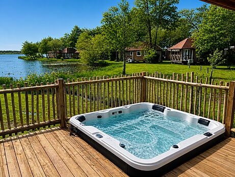 Jacuzzi exterior en terraza de madera en el camping CAPFUN Paillotte en AZUR (40).