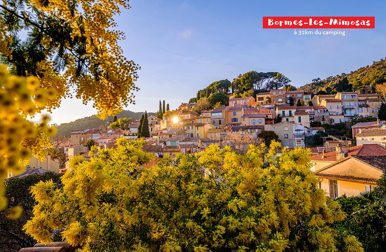 Pueblo florido de Bormes-les-Mimosas con mimosas en flor, para visitar en Var.