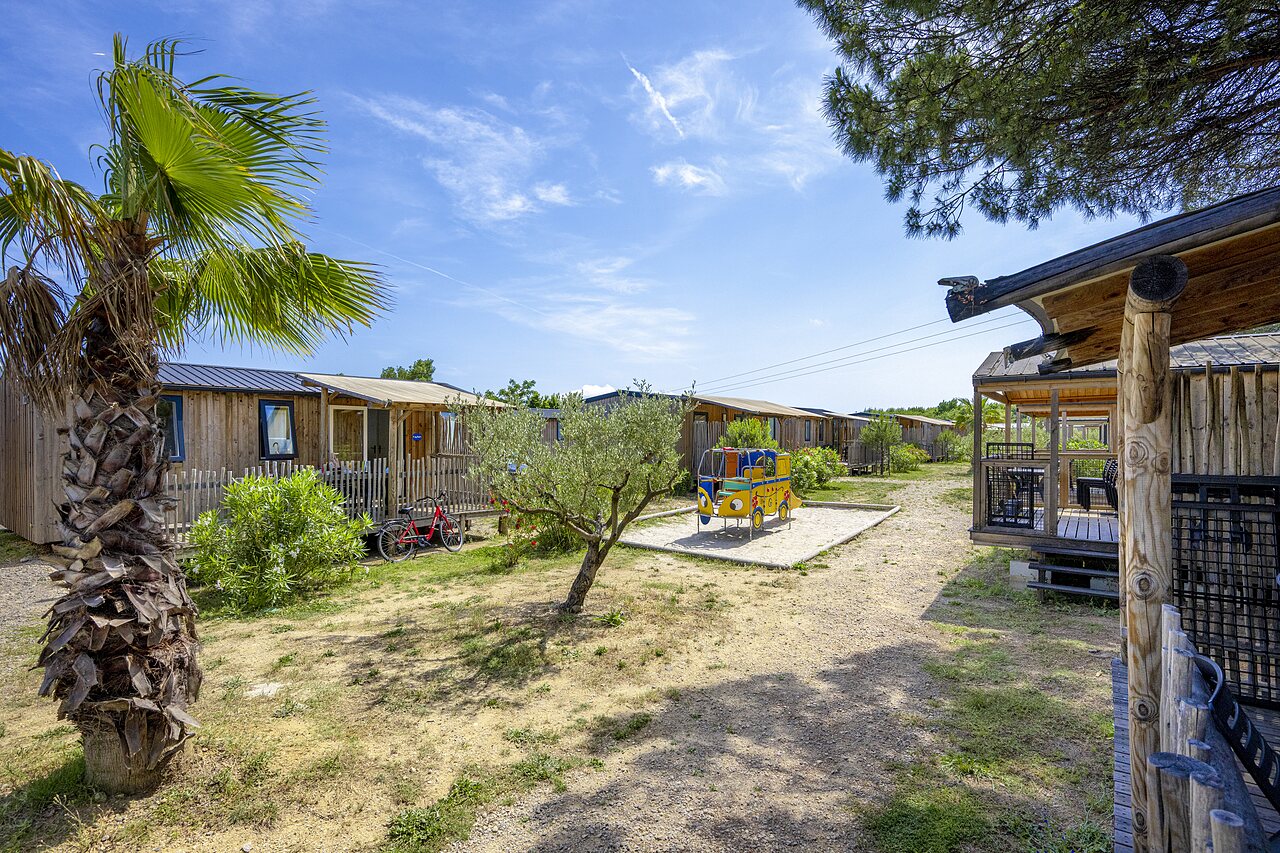 Mobil-homes de madera, zona de juegos y palmeras en camping CAPFUN La Pin�de de Grimaud en Grimaud (83).