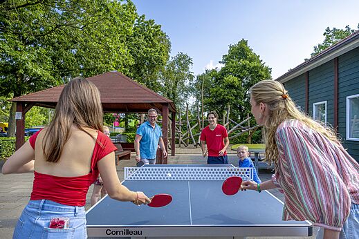 Partido de tenis de mesa en mesa Cornilleau en camping CAPFUN Ponderosa en Ulicoten.