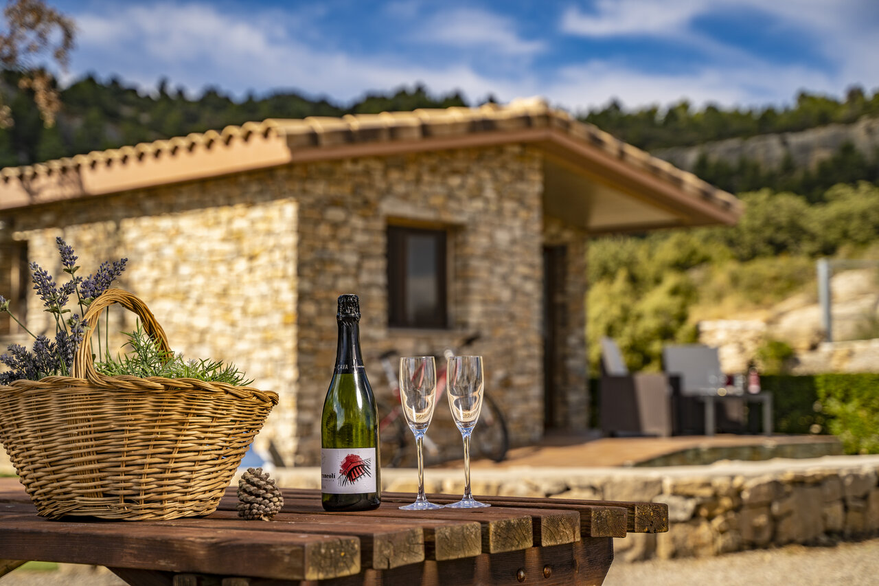 Mobil-home de piedra, Cava y copas en el camping CAPFUN Serra de Prades (43).