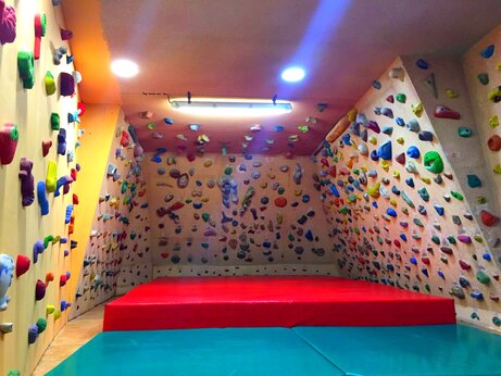 Rocódromo interior con presas de colores en el camping CAPFUN Serra de Prades en Vilanova de Prades (43).