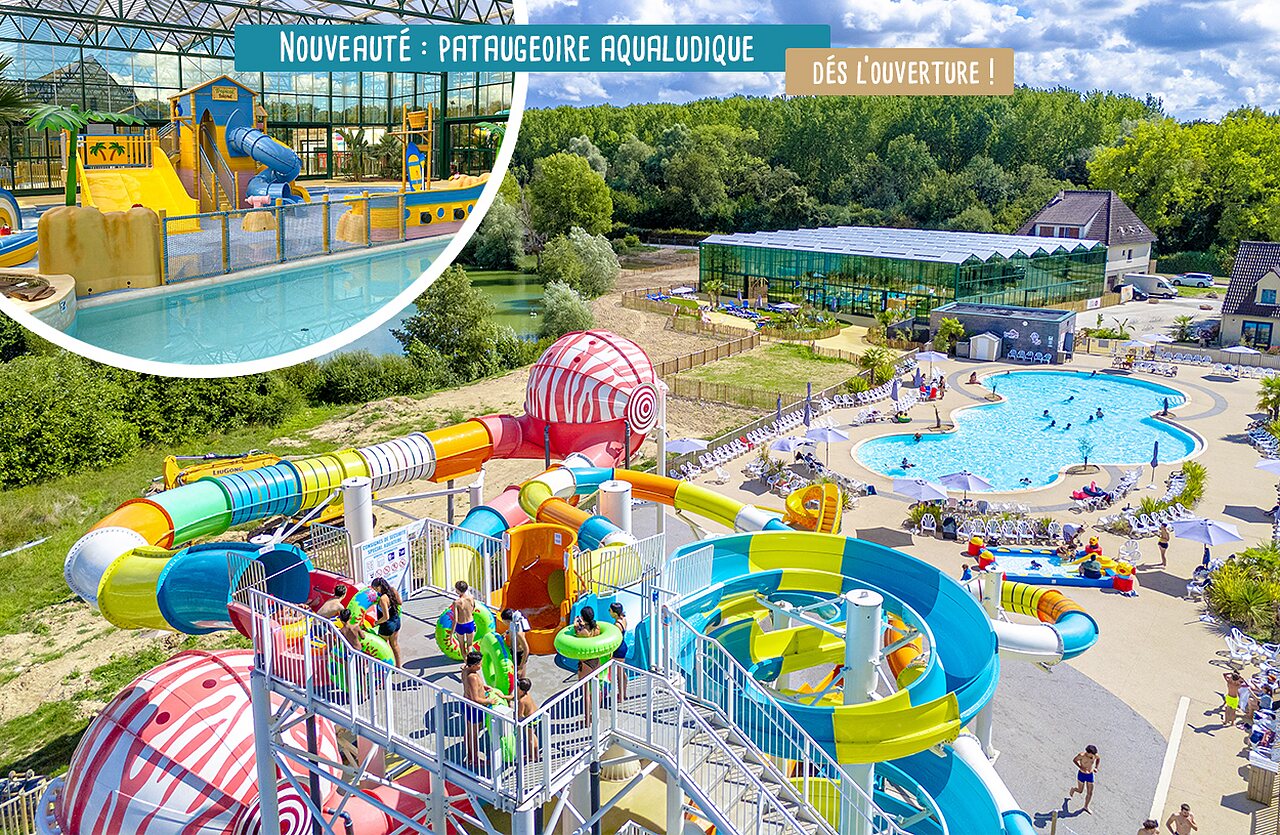 Parque acu�tico con toboganes, piscina exterior y piscina infantil en el camping VAGUES OCEANES Cerca de la Fontaine en Gouaix (77).