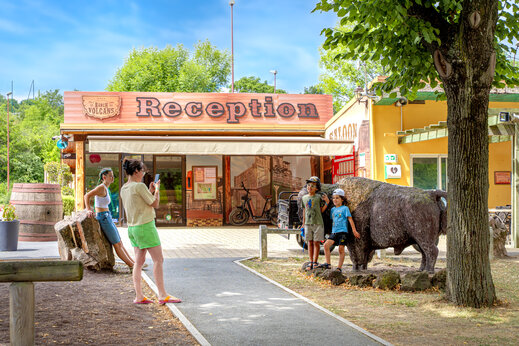 Recepci�n western, estatua bisonte, en CAPFUN Ranch des Volcans, Chatel-Guyon.