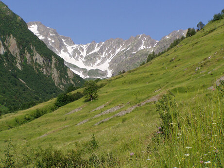 Paisaje monta�oso verde con picos nevados en el camping CAPFUN Saint Colomban des Villards.
