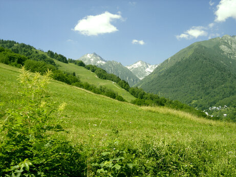 Monta�as verdes, picos nevados y valle alpino en el camping CAPFUN Saint Colomban des Villards.