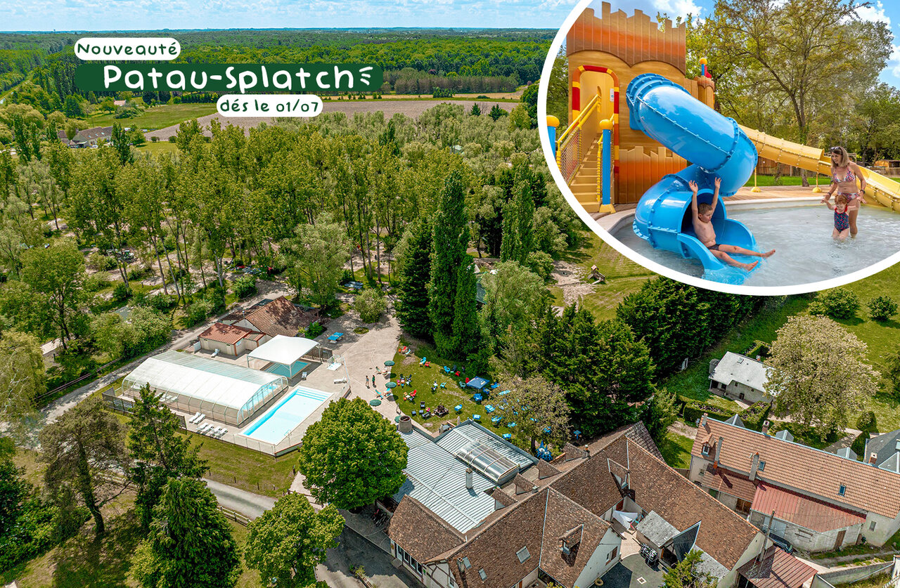 Vista a�rea piscina, tobog�n Patau-Splatch, edificios en camping CLICOCHIC Cheverny.