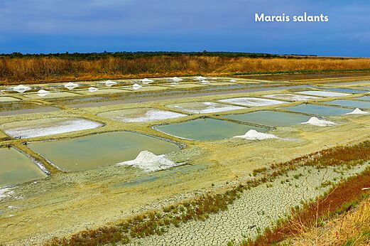 Salinas con estanques y montones de sal cerca de Saint-Denis-d'Oléron.
