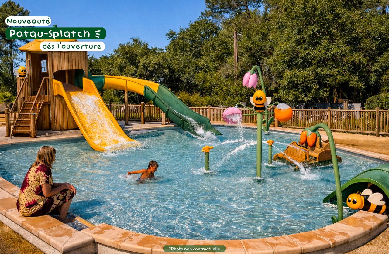 Piscina l�dica, toboganes y juegos de agua en camping CLICOCHIC Soleil Levant.