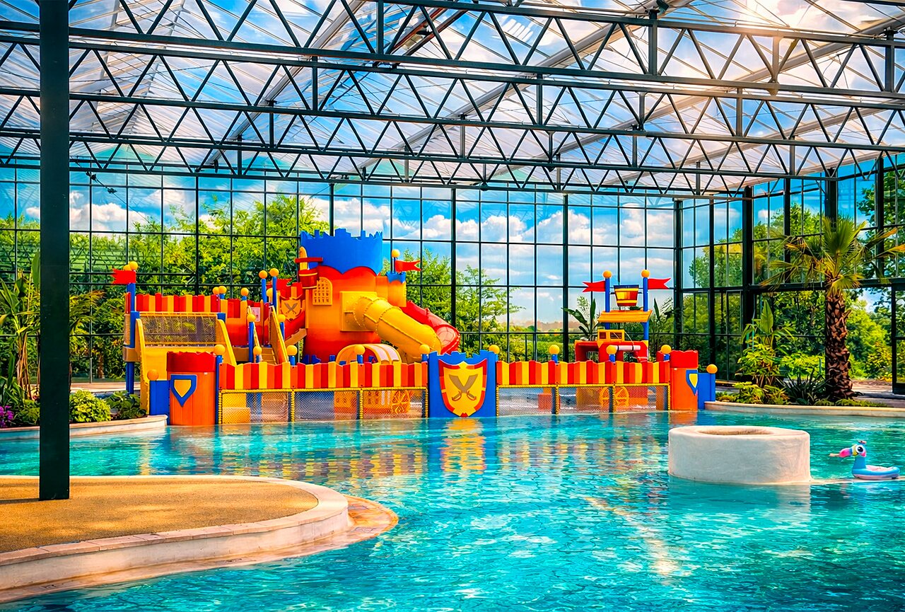 Zona de juegos acu�ticos cubierta y piscina en el camping CAPFUN Tensch Jolie (57).