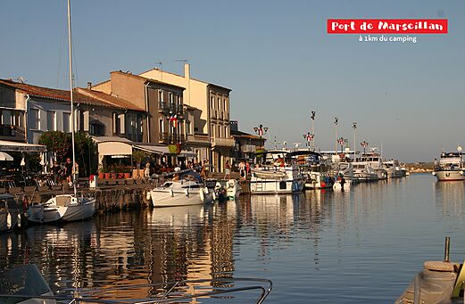 Puerto de Marseillan con barcos amarrados y terrazas animadas, H�rault, Occitania.