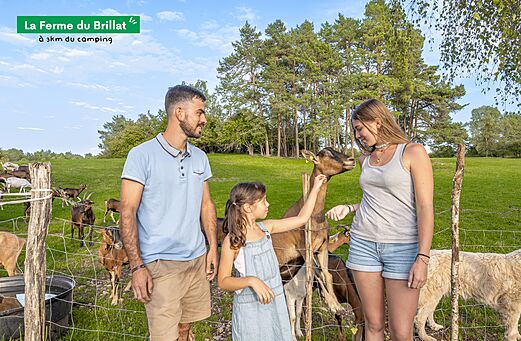 Familia alimentando cabras en La Ferme du Brillat, lugar para visitar.