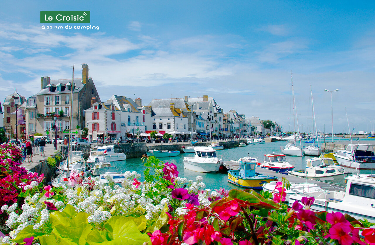 Puerto pintoresco Le Croisic, barcos, casas coloridas, lugar para visitar cerca del camping.