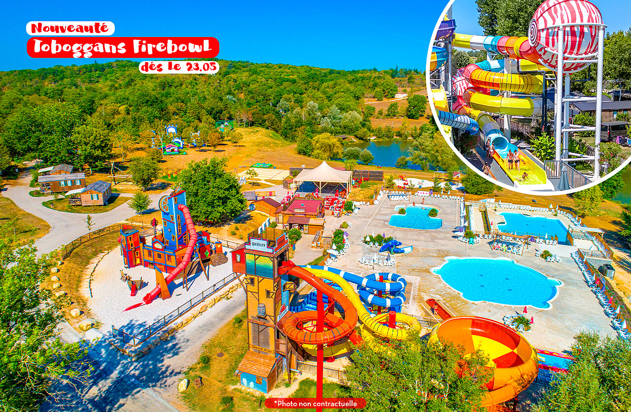 Toboganes acu�ticos Firebowl, piscinas exteriores en camping CAPFUN Ullule, Tournon d'Agenais.