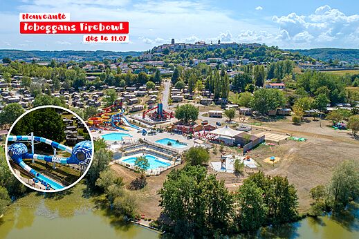 Toboganes Firebowl y piscinas exteriores en camping CAPFUN Ullule, Tournon d'Agenais (47).