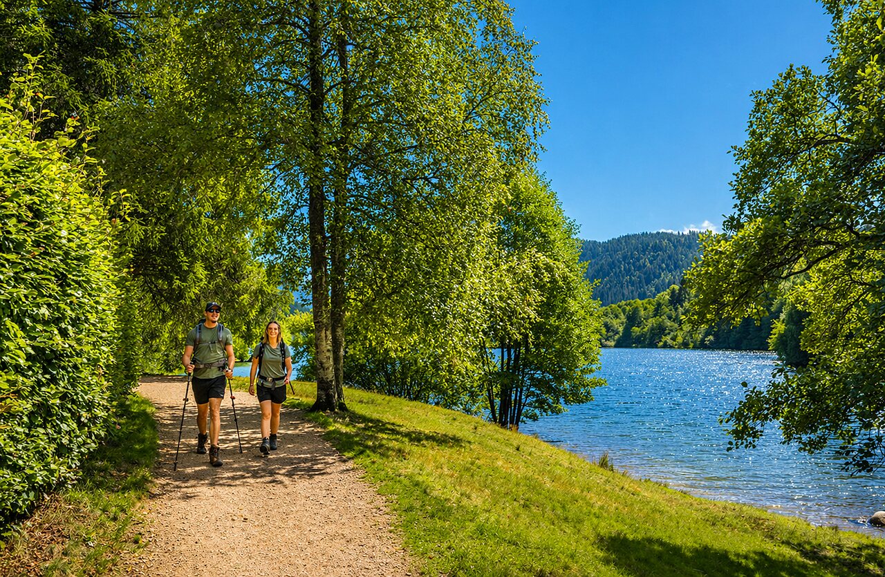 Pareja junto a arroyo, tienda safari en camping CLICOCHIC Verte Vall�e, XONRUPT LONGEMER.