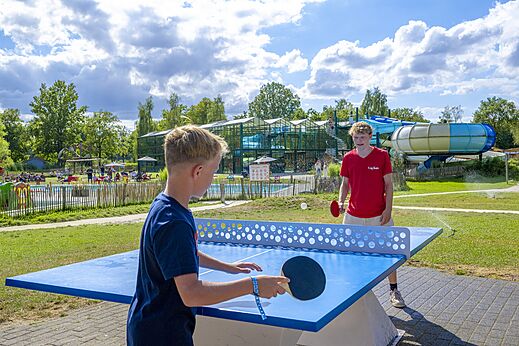 Ping-pong para jóvenes en mesa azul, camping CAPFUN Vlinderloo en Enschede.