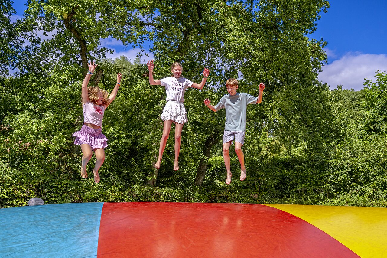 Ni�os felices saltando en coj�n hinchable gigante en camping CAPFUN het Winkel, Winterswijk.