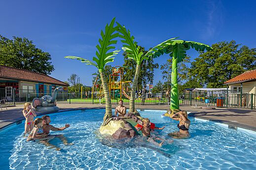 Piscina lúdica con juegos acuáticos y palmeras en el camping CAPFUN de Wondermolen en Molenschot.